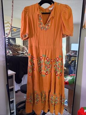 Ollari by Anthropologie Embroidered Orange Maxi Dress with Floral Detail